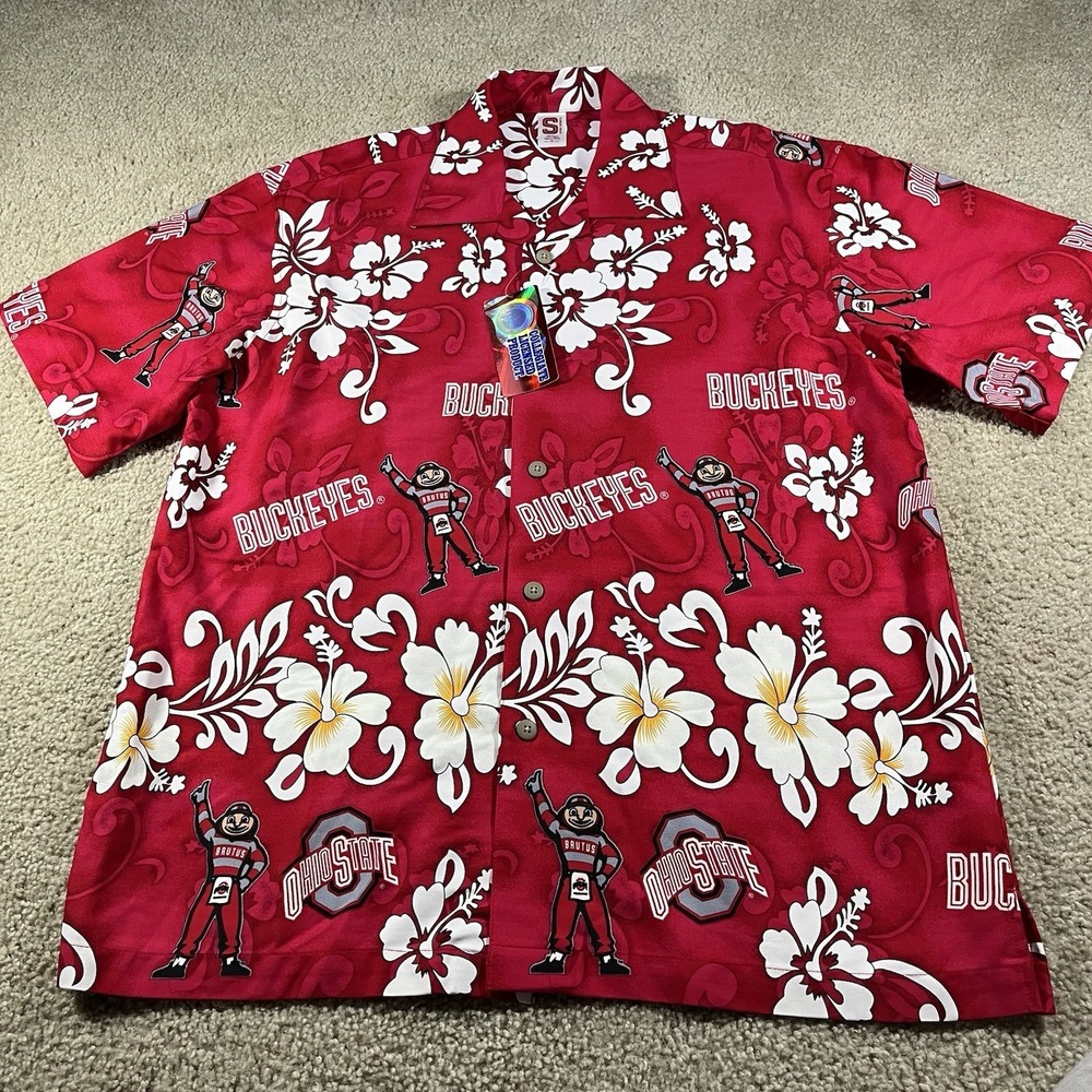 Ohio State Buckeyes Brutus Spike Sports Hawaiian Shirt Size M Button Red NWT